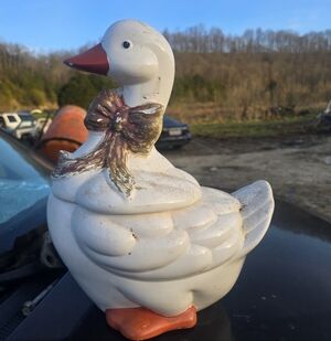 Decorative Vintsge  White Duck Ceramic Canister with Bow Accent Used